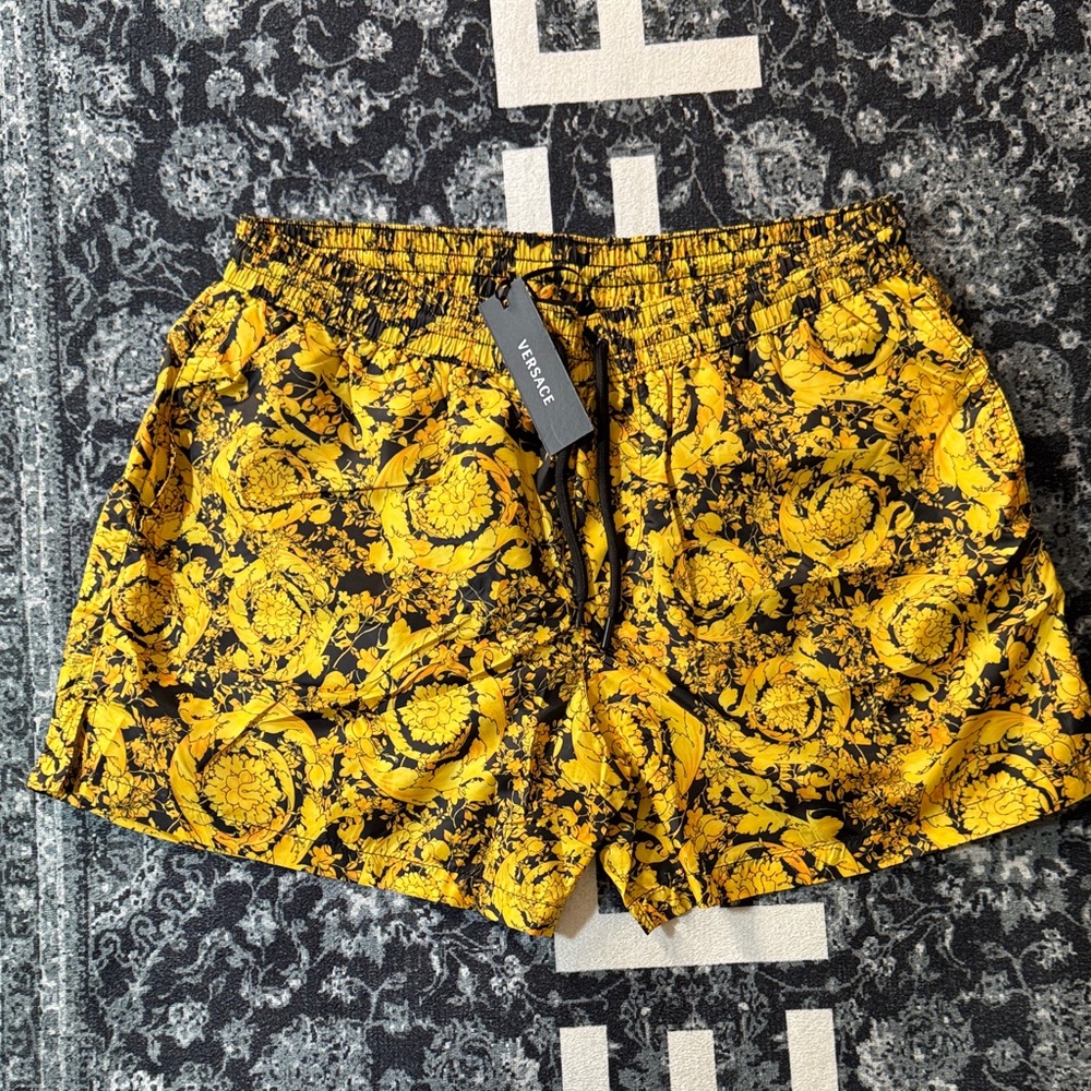 Versace Black & Yellow Baroque Swim Bermuda Shorts